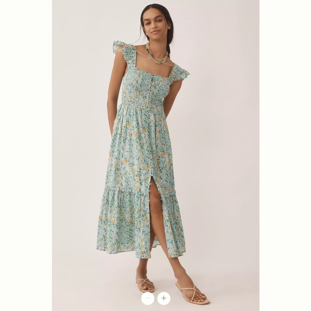 Anthropologie Floral Smocked Midi Dress in Light Blue and Yellow